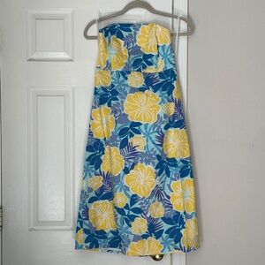 Vintage Women's Lilly Pulitzer Strapless Blue Yellow Floral Open Back Dress  8